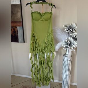 Green Ruffled Dress with Fringe Details